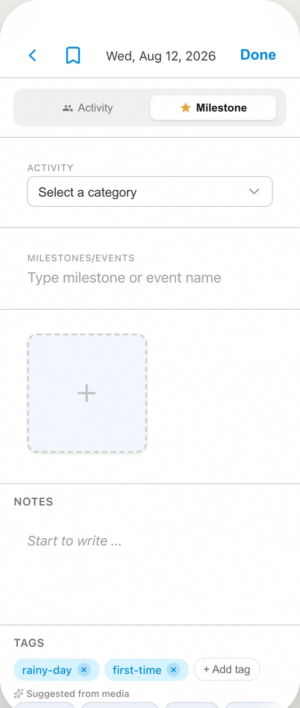 A photo, a category, a few words. Tags come suggested, and the date fills itself in.