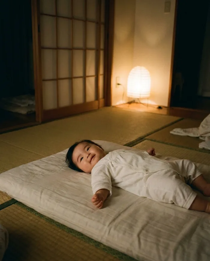 A baby on a futon in a dim room at night, a paper lamp behind her