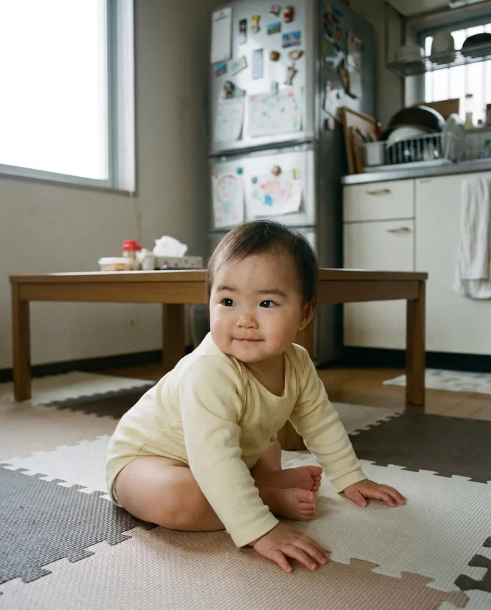 A baby sitting up on a play mat by the kitchen in morning light