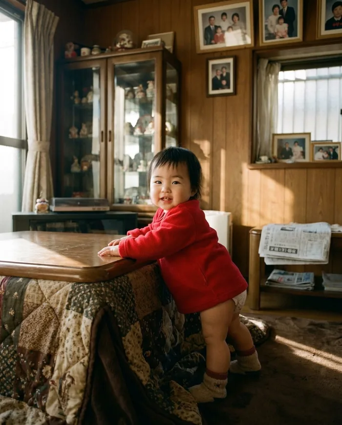A baby pulling up to stand at a low table in her grandparents' room
