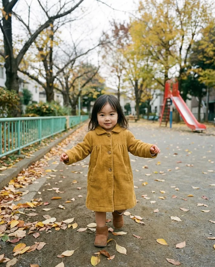 A toddler walking along a park path in autumn, leaves underfoot