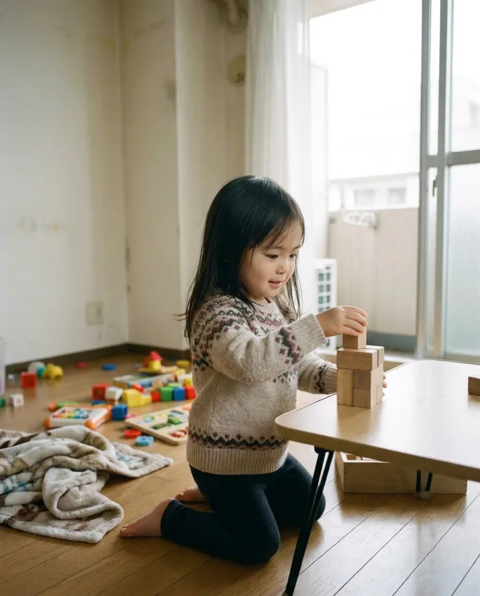 A child kneeling at a low table, stacking wooden blocks in winter light